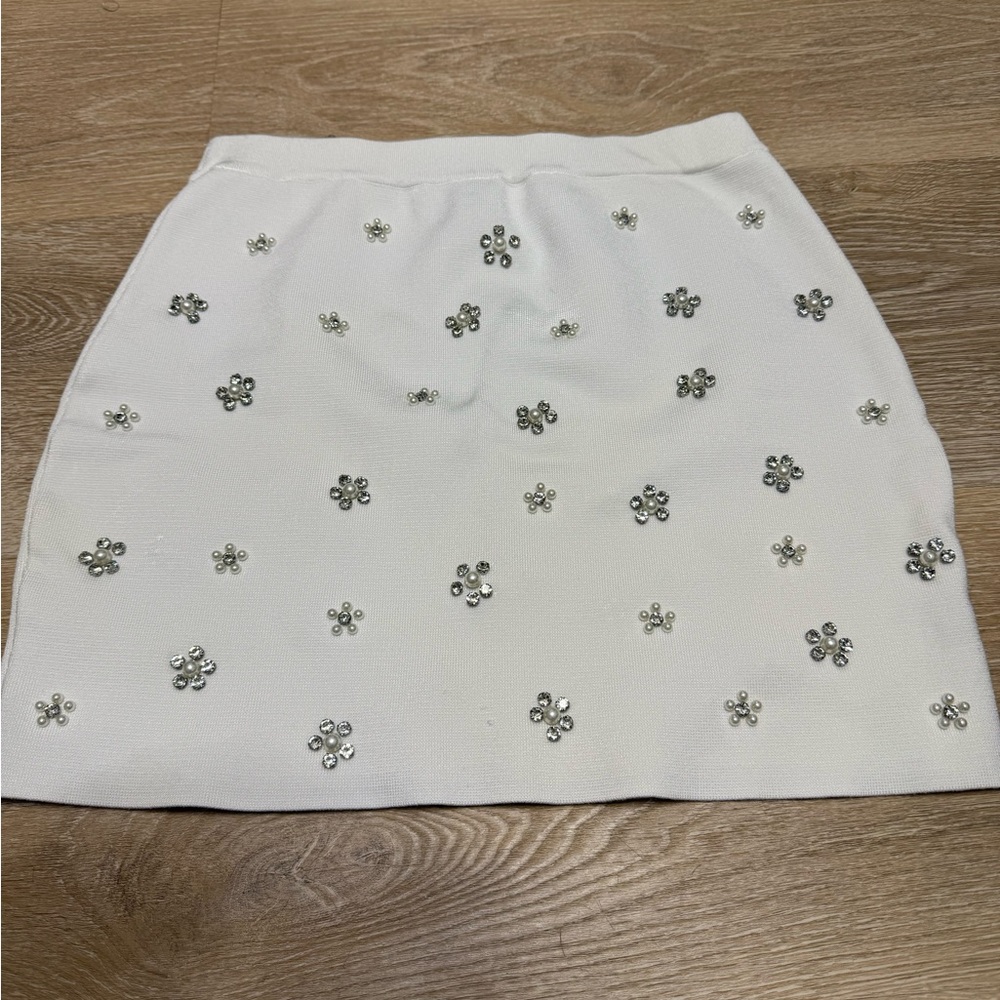 Zara White Mini Skirt with Crystal Flower Embellishments